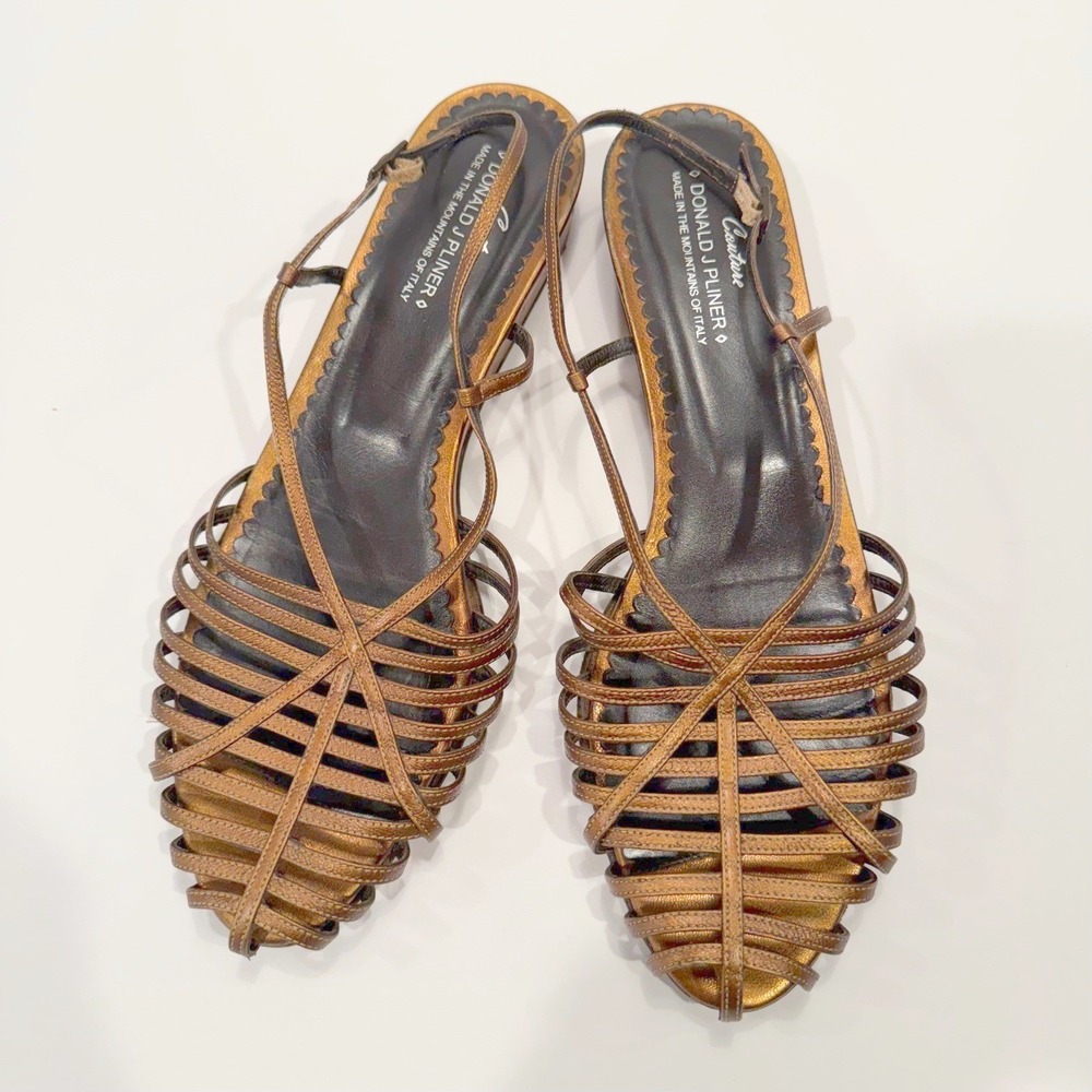 Donald J Pliner Couture Italian Leather Women 9 Bronze Strappy Wedge Sandals - Picture 3 of 7